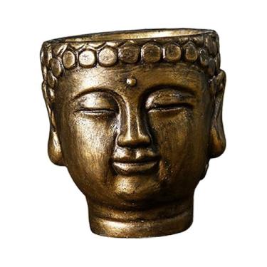 Imagem de IEUDNS Cabeça de buda de cimento vaso de flores escultura criativa com buraco de drenagem planta recipiente plantador para pátio quintal hotel, Bronze
