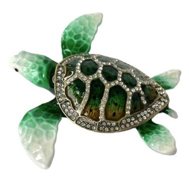 Imagem de Cottage Garden Caixa de bugigangas articulada esmaltada pintada à mão, mini organizador de joias ornamental, estatueta colecionável vintage, caixa de lembrança com cristais enfeitados, tartaruga