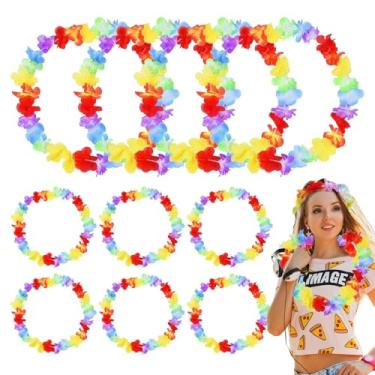Imagem de Guirlanda de dança, leis -Guirlanda de flores do Havaí de 39 polegadas,Acessórios de fantasia guirlanda de dança multicolorida 10 peças colar para leis dança tema tropical lembranças de fes
