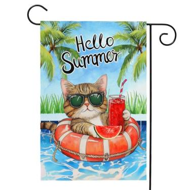 Imagem de Bandeira de jardim de verão Hello Summer 30,5 x 45,7 cm, dupla face, praia, sol, verão, piscina, gato, palmeira, tropical, pequenas bandeiras de quintal para decoração externa de casa de fazenda