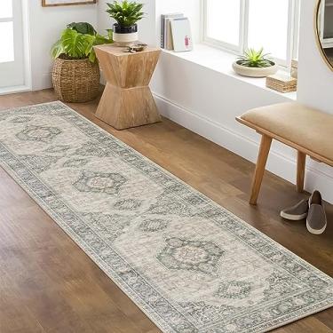 Imagem de Tapete passadeira oriental Lahome lavável, 60 cm x 240 cm, ultrafino, base de borracha, envelhecido, antiderrapante, longo, cozinha, lavanderia, cinza/marrom