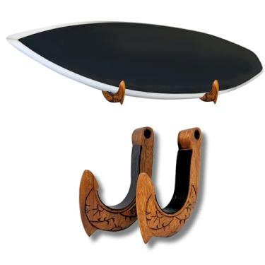 Imagem de Suporte de parede para prancha de surfe | Suporte de parede para prancha de surf | Rack horizontal de madeira | Forma de ganchos havaianos com entalhe havaiano do nascer do sol | Exiba sua prancha de
