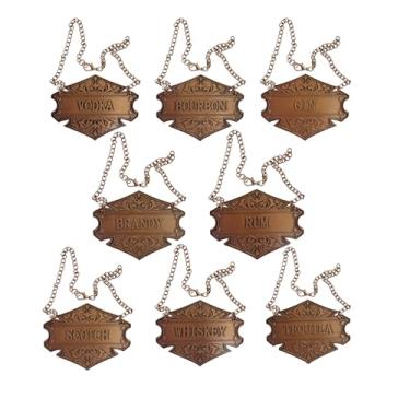 Imagem de Etiquetas de decantador de licor de cobre, conjunto de 8, 6,6 x 5 cm, etiquetas para gim, vodca, bourbon, uísque, conhaque, rum, uísque, uísque, tequila