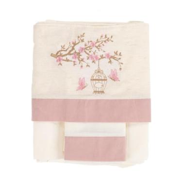 Imagem de Jogo de Lençol 03 peças Berço Americano com Vira de linho Bordada Percal 180 fios (Flor de Cerejeira)