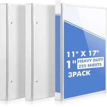 Imagem de Sinload 3 fichários de 28 x 43 cm com 3 argolas de 2,5 cm com bolsos para apresentação e capa transparente personalizável para projetos de arquivos de documentos (branco)