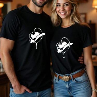 Imagem de Blusa Algodão Camiseta Casal Country Estampa Chapéu Terço Grande Modin