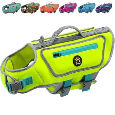 Imagem de Sheripet Colete salva-vidas para cães pequenos com alta flutuabilidade, colete salva-vidas leve para cães nadadores, colete flutuante refletor ajustável, alça de resgate de neoprene (verde, PP)
