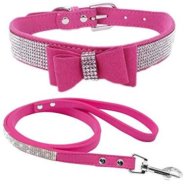 Imagem de Haoyueer Conjunto de coleira de cachorro com strass de couro de camurça macia elegante deslumbrante bonito deslumbrante com elegante joia de cristal para gato cachorro coleira de cachorro (PP, rosa-choque-1)