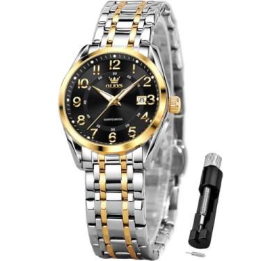 Imagem de OLEVS Relógios femininos clássicos, de quartzo, relógio de pulso feminino, aço inoxidável, à prova d'água, luminoso, data, fácil leitura, para mulheres, relógio feminino preto dourado, relógio