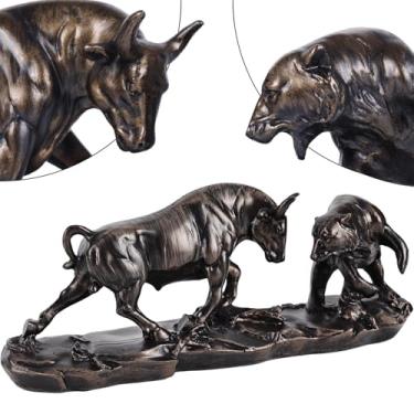 Imagem de Numfog Estátua de touro de Wall Street, decoração do mercado de ações, estátua de touro e urso de resina, para mesa, presentes para investimento financeiro (Bronze)