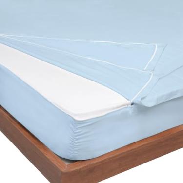 Imagem de Lençol Queen com zíper de algodão – Projetado para colchões de até 20 cm com bolsos profundos, lençol Queen com zíper (base + 2 lençóis com zíper) - Macio e luxuoso 600 fios 100% algodão - Cor azul