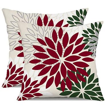 Imagem de DFXSZ Capas de almofada de flores verde-escuras vermelho vinho 40,6 x 40,6 cm conjunto de 2 almofadas externas à prova d'água decoração para sala de estar sofá pátio funiture jardim floral poliéster