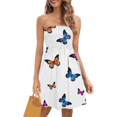 Imagem de Vestido Feminino Verão Smocked Strapless Vestidos Casual Beach Tube Top Vestido Saídas De Praia, White-e, XXL