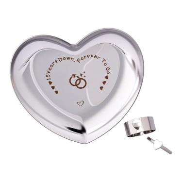 Imagem de Anéis combinando para casal e bandeja de joias em forma de coração para aniversário de 15 anos, presentes de casamento de 15 anos para marido esposa marido esposa suporte de anel de casamento para 15