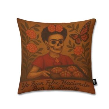 Imagem de Capa de almofada Frida Bien Feliz Haciendo Pan De Muerto Dia dos Mortos, 39 x 39 cm, (Inserção/Arquivo Não Incluído), Tema Dia De Muertos, Decoração de Pelúcia Colorida (1, FridaHaciendoPan)