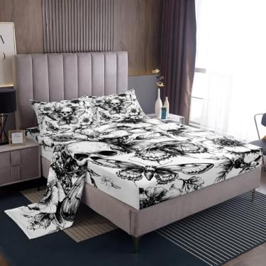 Imagem de jejeloiu Jogo de lençol casal com estampa de mariposa da morte preto e branco para crianças, meninos, meninas, decoração de caveira gótica, 4 peças