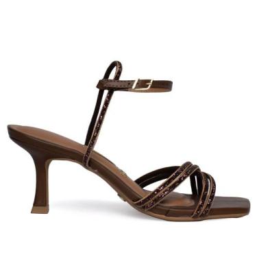 Imagem de Sandália Feminina Vizzano Pelica Marrom/Dourado Salto Fino, Marrom, 36