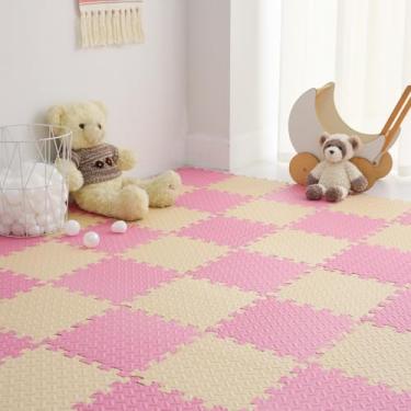 Imagem de Tamiplay Tapete infantil de 16 azulejos, tapetes de espuma interligados de 0,4 cm de espessura, tapetes de exercícios, tapetes de espuma, tapete para jogos de quebra-cabeça, tapete infantil para bebês, tapete para engatinhar com bolsa de armazenamento (bege/rosa)