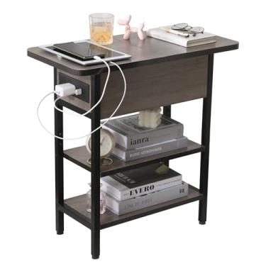Imagem de Mesa de canto moderna com estação de carregamento, mesa lateral estreita com portas USB e tomadas, mesa de cabeceira dobrável com prateleira de armazenamento, mesa de cabeceira pequena para sala de