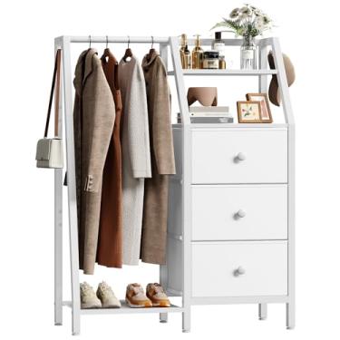 Imagem de YATINEY Cômoda com suporte para pendurar, cômoda reversível para quarto, 3 gavetas de armazenamento de tecido, cômoda com suporte de roupas e prateleira aberta, para armário, entrada, branca