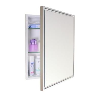 Imagem de Armário de remédios para banheiro embutido retangular Parker Metro Metro 16x20, espelho flutuante, abertura de parede de 35,56 x 45,72 cm, aço revestido a pó, prateleiras de vidro ajustáveis, fecho