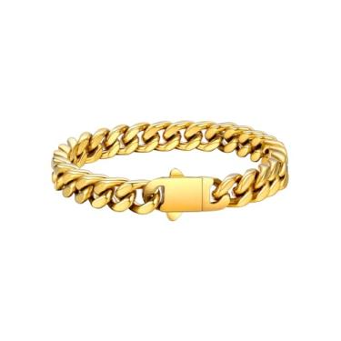 Imagem de FaithHeart Pulseira masculina de elos cubanos de aço inoxidável – 5/7/9/12 mm de largura 19 cm/21 cm/22,9 cm preto/prata/banhado a ouro pulseira de corrente de pulso resistente hip hop joias presentes