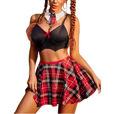 Imagem de Avidlove Conjunto de lingerie de estudante para mulheres, 4 peças, conjunto de lingerie para fantasia de estudante com minissaia, Xadrez vermelho, M