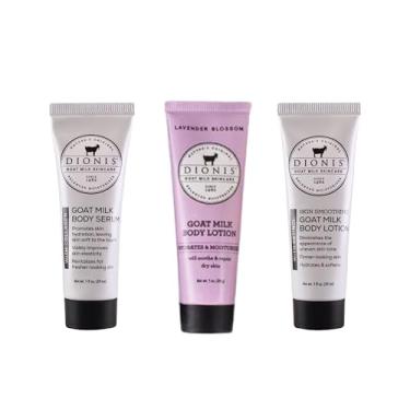 Imagem de Dionis Conjunto de cuidados com o corpo com leite de cabra – loção de flor de lavanda, loção corporal com retinol, soro corporal com colágeno, hidratação profunda e pele mais jovem