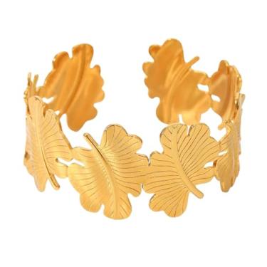 Imagem de Bracelete Grosso Largo Dourado Folha Aço Inoxidável Banhado Ouro 18K-Pulseira Rígida Feminina Semi Joia Aço Cirúrgico Texturizada Folhagem Assimétrica -Presente Feminino Aberto Cuff Elegante Antebraço Delicadeza Elegância Versátil