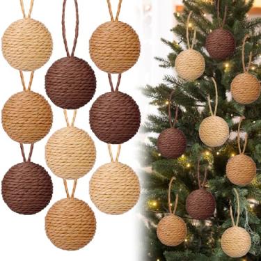 Imagem de Simgoing 9 peças de enfeites de bola de Natal de 5,8 cm com corda, bolas de fazenda para pendurar boho, ornamentos rústicos neutros para árvore de Natal, guirlanda de Natal, decoração de casa de