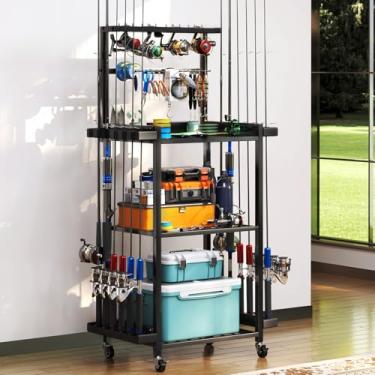 Imagem de TC-HOMENY Suporte de vara de pesca para garagem, rack organizador de 3 níveis de equipamento de pesca com bolsa de armazenamento, carrinho de vara de pesca, 12 varas, serve para todas as varas de