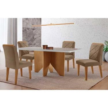 Imagem de Conjunto Sala de Jantar Nevada c/ Tampo Madeirado c/ Vidro Canto Curvo 120x80cm e 4 Cadeiras Pietá Madeira Maciça Naturale/Off White - Capuccino/Suede