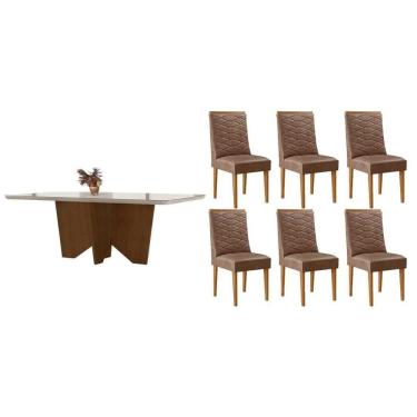 Imagem de Conjunto Sala de Jantar Nevada c/ Tampo Madeirado c/ Vidro Canto Curvo 180x90cm e 6 Cadeiras Maldivas Madeira Maciça Naturale/Off White - Capuccino/Co