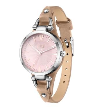 Imagem de BUREI Relógios femininos simples pulseira de couro relógio de quartzo de luxo pequeno fino feminino pulseira pulseira relógio de pulso feminino (face rosa claro)