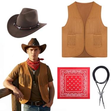 Imagem de ZPEGeigy 4 peças de roupas ocidentais para homens caubói borla colete chapéu gravata bolo ocidental bandana Paisley para fantasia cosplay de Halloween, Marrom, P
