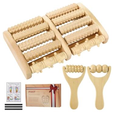 Imagem de Kit massageador de rolo de pé de madeira com 3 peças para relaxamento – presentes úteis de Natal para mulheres colegas, presentes práticos de bem-estar para avó, mãe, pai, idosos, neuropatia e alívio