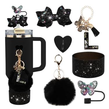Imagem de Conjunto de 6 peças de acessórios para copo Stanley preto - tampa de cobertura de palha de borboleta, laço brilhante para canudo, bota de silicone brilhante, pingente de letra e pompom para copos