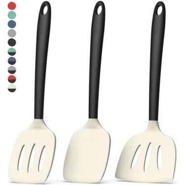 Imagem de Coukre Pacote com 3 espátulas de silicone, resistente ao calor, livre de BPA, espátula de peixe, espátula sólida e ranhurada para frigideiras antiaderentes, ovos, panquecas, peixe, hambúrgueres (3