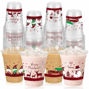 Imagem de ABURRORI 50 peças de copos de festa de Feliz Natal de 340 g, xadrez de Natal, gnomo, caminhão, boneco de neve, cervo, copos de plástico, suco, refrigerante, bebidas, lembrancinhas de festa para