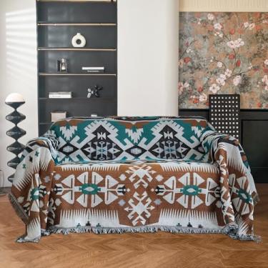 Imagem de REYOS Capa de sofá quente de 3 ou 4 lugares para sala de estar, capa de sofá premium para sofás secionais, capas de sofá aconchegantes com borlas, protetor de futon com franja boho com padrão