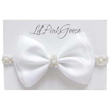 Imagem de Faixa de cabelo LilPinkGoose 6-12M White Pearl Satin Bow
