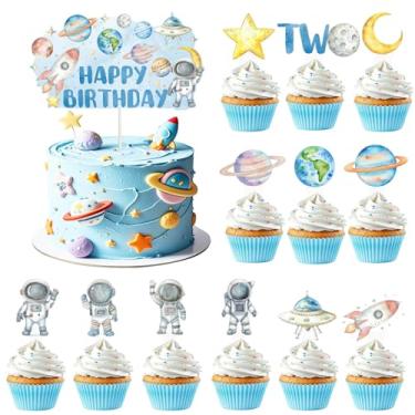 Imagem de 53 Pack Two The Moon Cake Cupcake Toppers Decorations Blue Outer Space Man Galaxy Astronaut Rocket Planet Moon Spaceship Universe Theme Kids Boys 2 Year Old Birthday Party Supplies Decorations