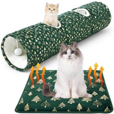 Imagem de Thyle 2 peças de túnel reto de Natal para gatos com interior de pelúcia e cama autoaquecida para animais de estimação, 129 x 30 cm, tubo dobrável verde para gatos em ambientes internos, inclui bolas