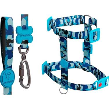 Imagem de Kit H 3 em 1 Com Peitoral H Para Cachorro, Guia Tradicional e QR Code Localizador (Camuflado Azul, P)