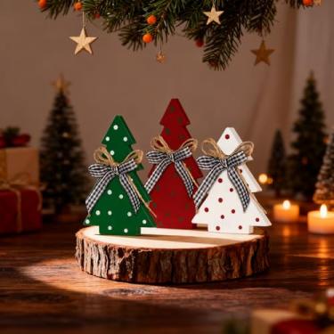 Imagem de Conjunto de decoração de bandeja de Natal em camadas - 3 peças de design rústico de árvore de Natal de madeira com elementos de bolinhas - Exibição independente estilo fazenda para cafeteria, mesa de