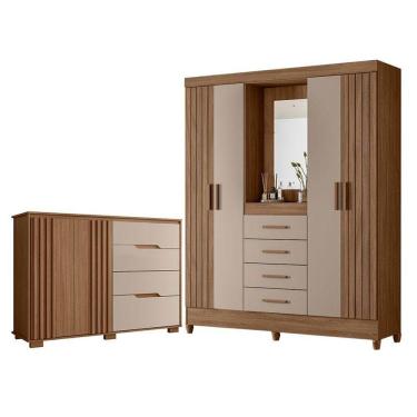 Imagem de Guarda Roupa Solteiro Com Espelho Atenas E Cômoda Texas Carvalho Fendi - Moval