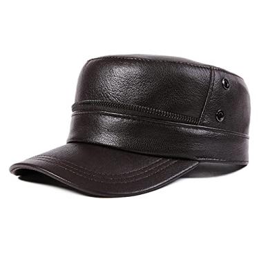 Imagem de uhyOHF Boné masculino de couro do exército, boné militar com viseira, boné de beisebol clássico, chapéu plano ajustável chapéu de caça vintage boné de caminhoneiro (marrom-G