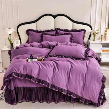 Imagem de XLCZMYL Conjunto de roupa de cama princesa renda babados para a pele moda 4 peças capa de edredom fronha saia de cama têxteis domésticos, 06, Queen 4 peças 200 x 230 cm