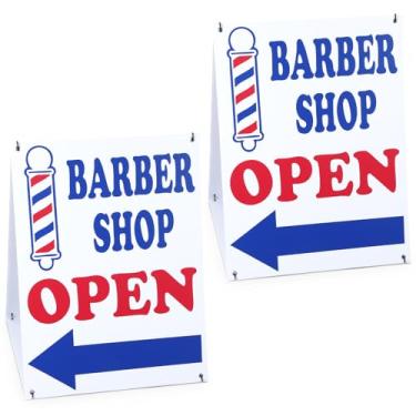 Imagem de Colingmill Pacote com 2 placas abertas para barbearia com setas direcionais para a esquerda/direita, 2 lados, 45,7 x 61 cm, vermelho, azul, branco, plástico, barbearia, placa, sanduíche, kit de ilhós