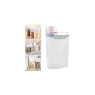 Imagem de Pote Hermético Multiuso com Dosador, 2kg, Transparente, Branco e Azul, Plástico PP, Tampa Hermética, Copo Medidor Integrado, 29x15x8.5cm